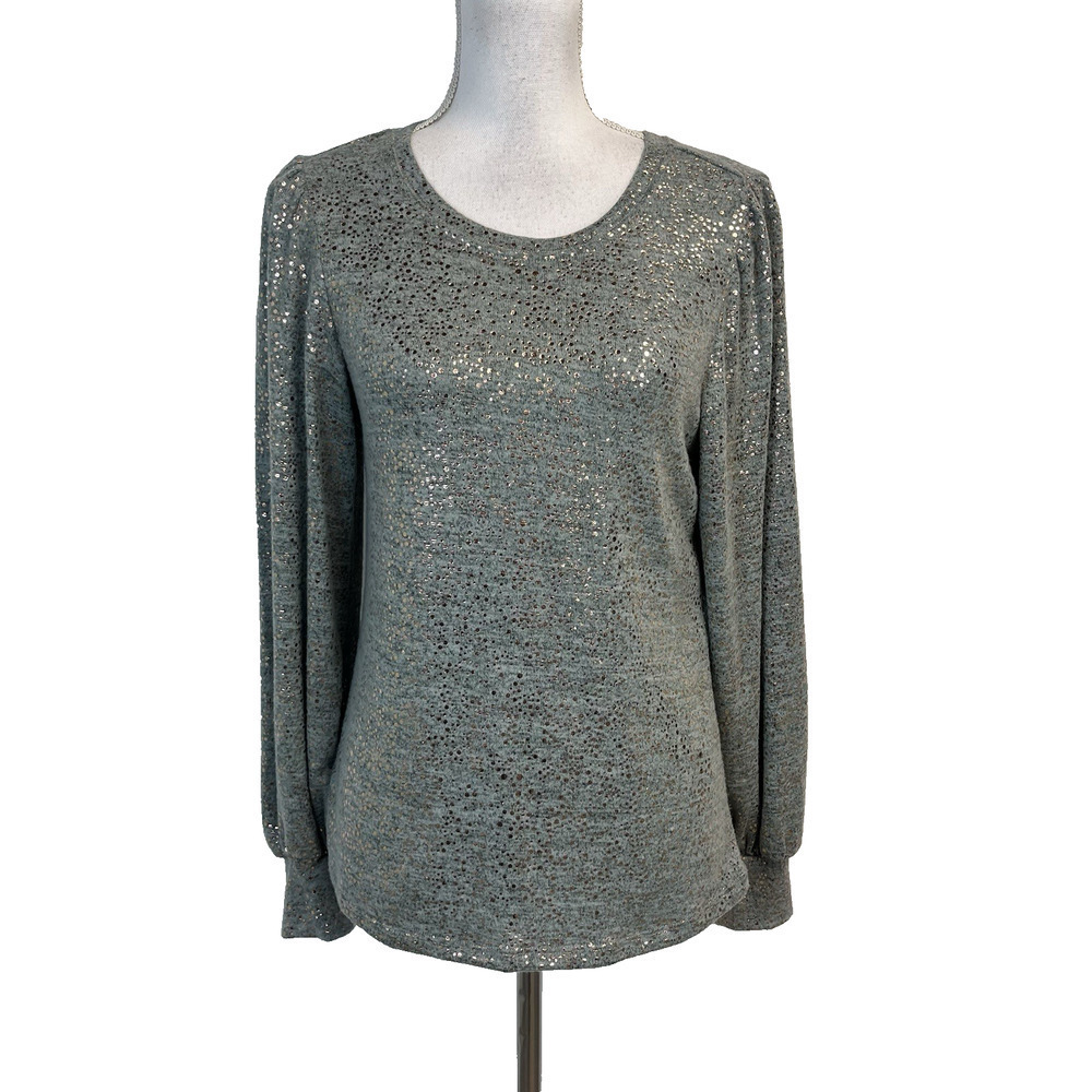 John Paul Richard Sweater Top Women's Size S Green Teal Gold Polka Dots Boho
